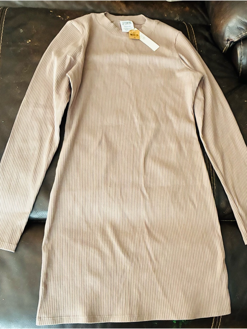 PINK Victoria's Secret Ribbed Long Sleeve Bodycon Dress in Taupe